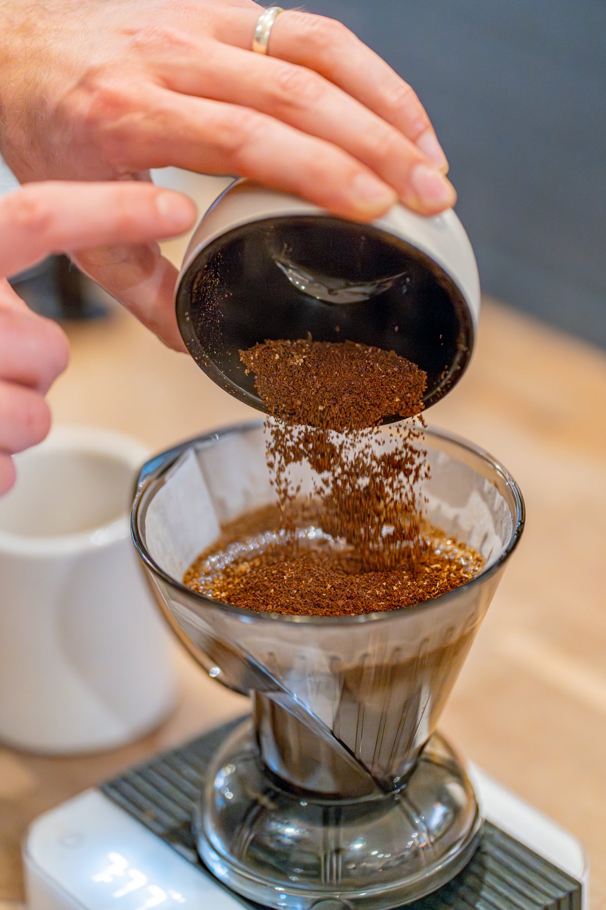 Adding Freda freshly roasted coffee beans to a Clever Dripper coffee brewer
