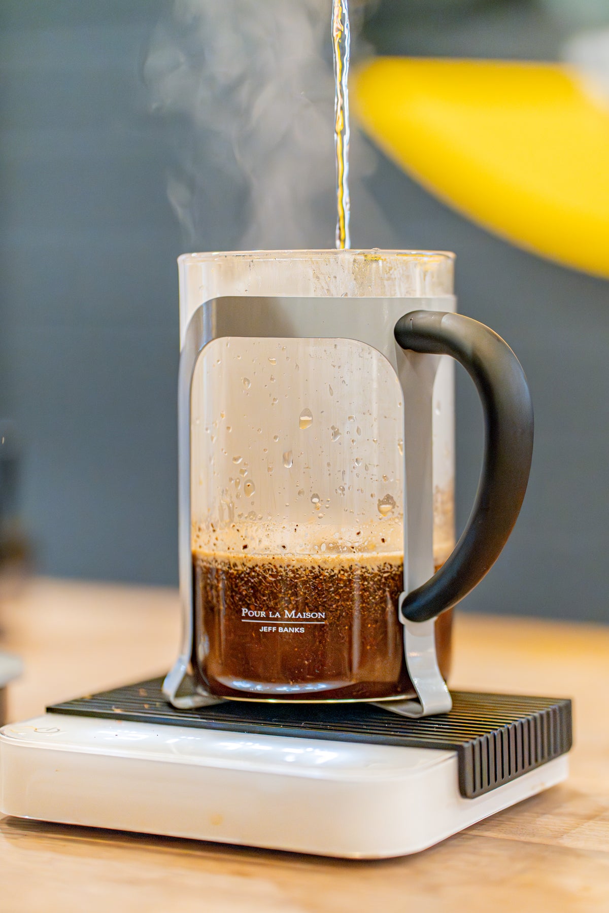 Pouring water into a French Press with Freda a local UK Coffee Roaster
