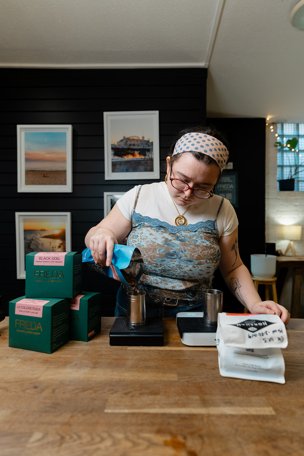 freda-coffee.live packaging, coffee being brewed in Bond Street Coffee, Brighton Speciality Coffee